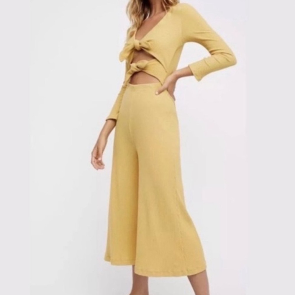 Free People Mustard Yellow Wide-Leg Jumpsuit with Tie Front. Used